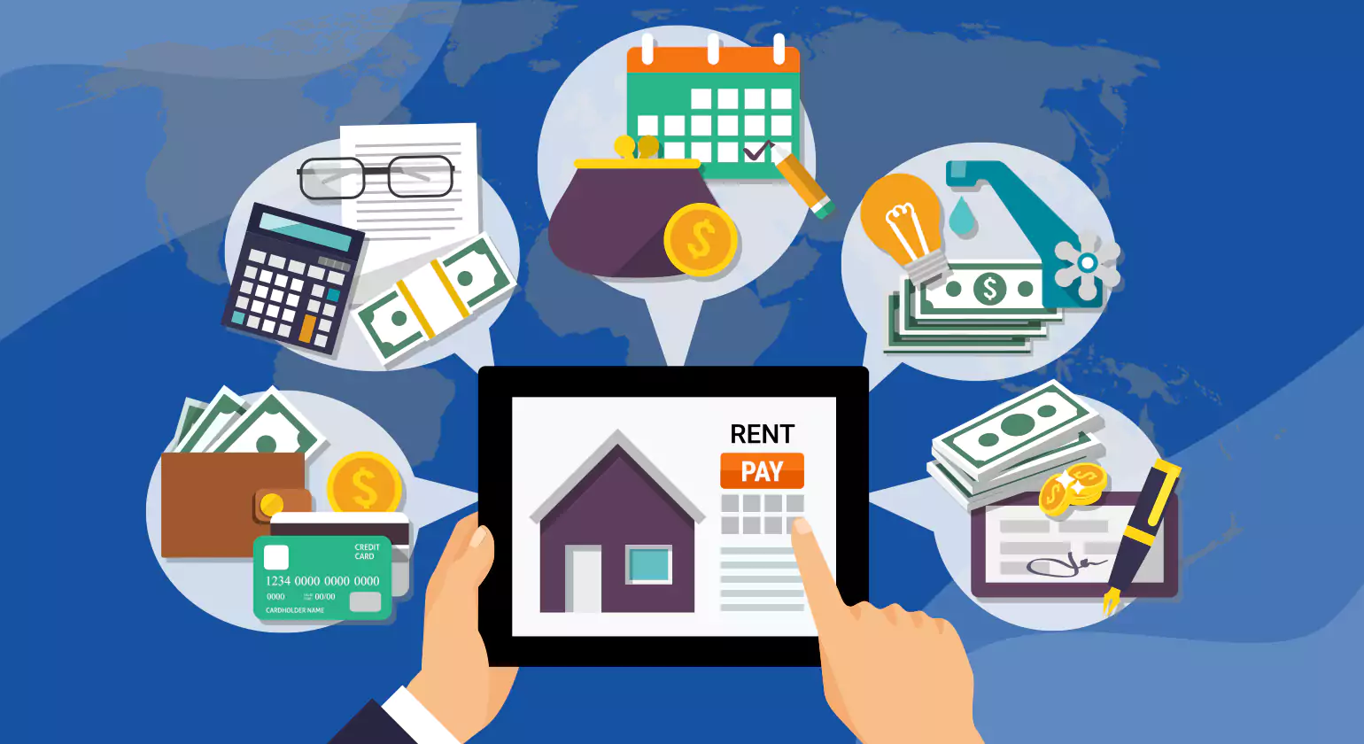 Illustration of property management accounting with rent payment and financial icons – Threshold Property Management