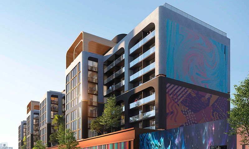 Modern mixed-use building with artistic mural facade in Wynwood Miami