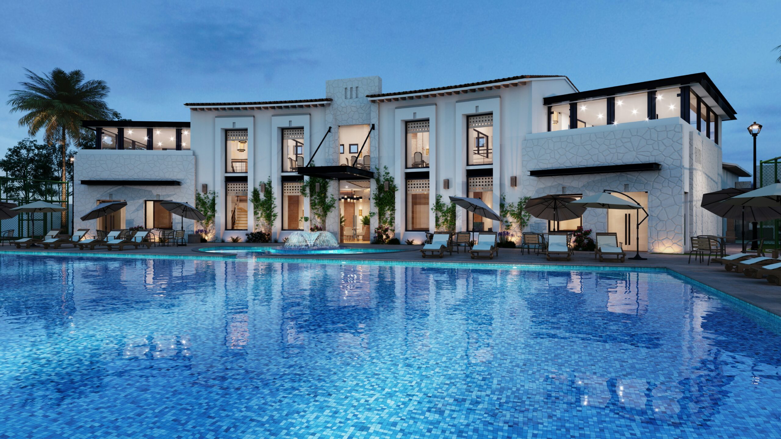 Front view of a luxury villa in Miami Beach with pool at twilight, under Threshold Management